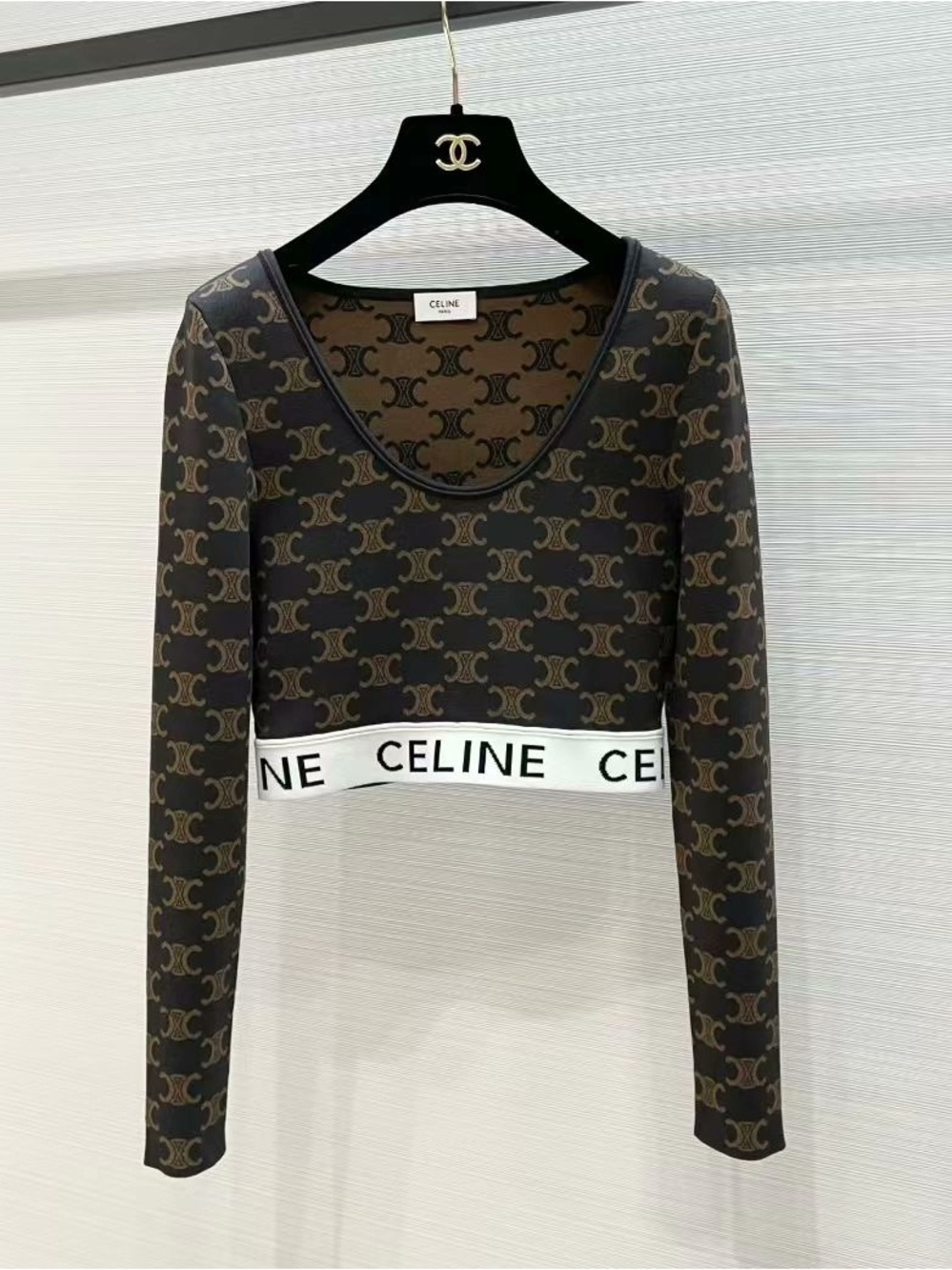 🚩steal CELINE Brown Logo Crop Long-Sleeve Top
